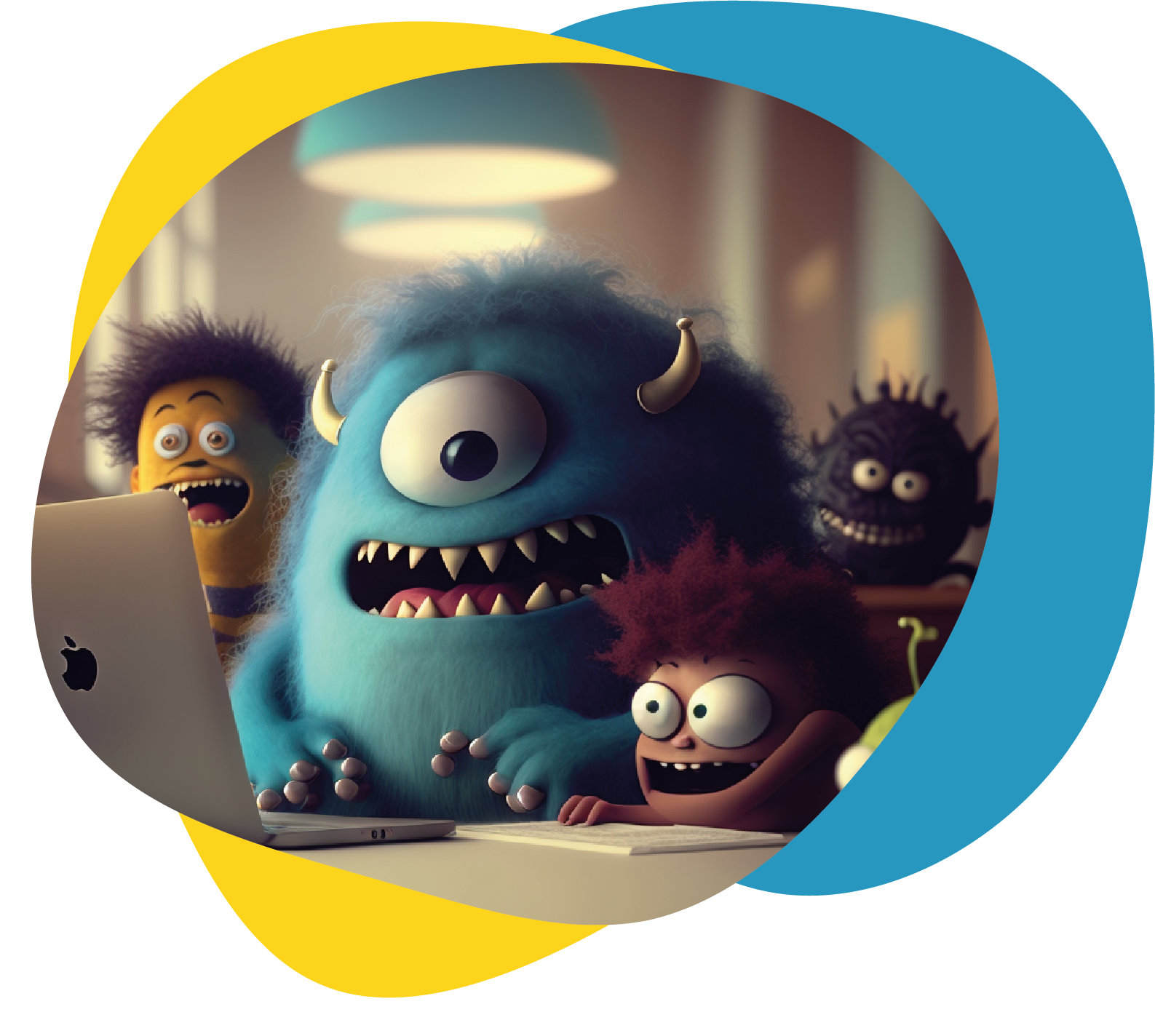 Monstruos graciosos mirando a una pantalla de ordenador.