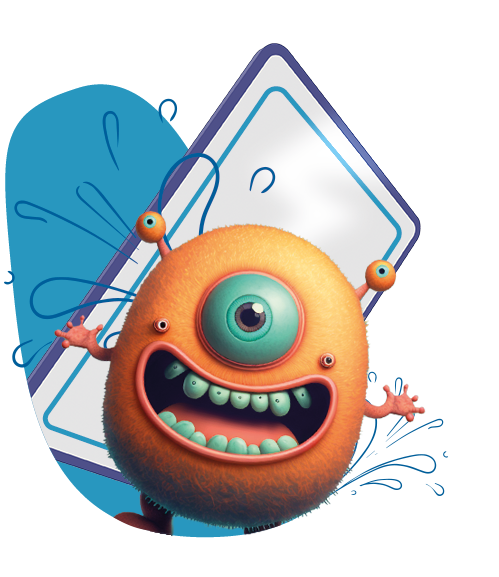 Una ilustración de un monstruo gracioso, de color naranja con una sonrisa en su rostro y un solo ojo.